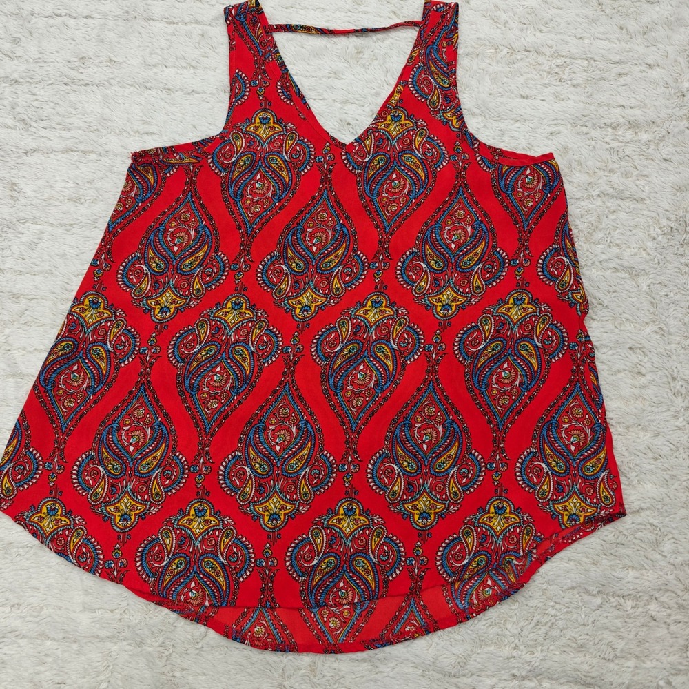 Pink Rose Paisley Blouse‎ Womens Small Red Sleeveless Chiffon Boho Indie Peasant